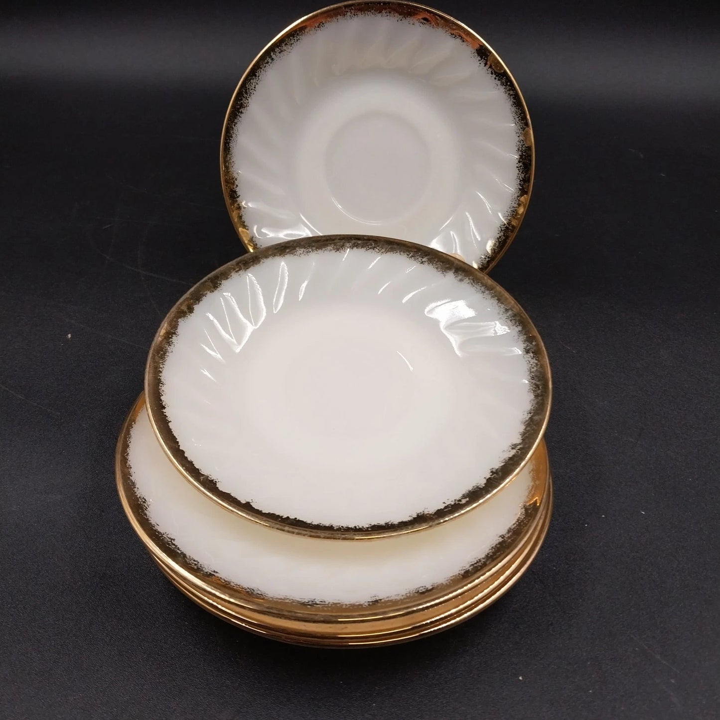 5 Saucers Anchor Hocking Fire-King White Swirl Milk Glass Gold Trim Vintage