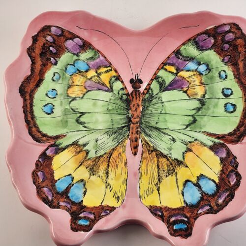 Butterfly Shaped 11" Dinner Plate Pink Very Colorful Brown Green Yellow China