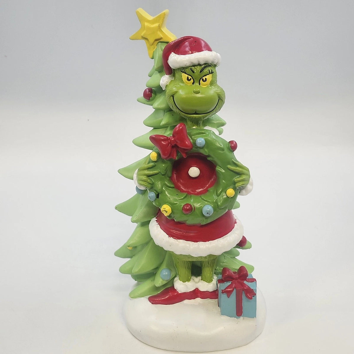 Ruz Dr. Seuss The Grinch Christmas Wreath Tree Figurine 12.5" Santa Hat & Gift