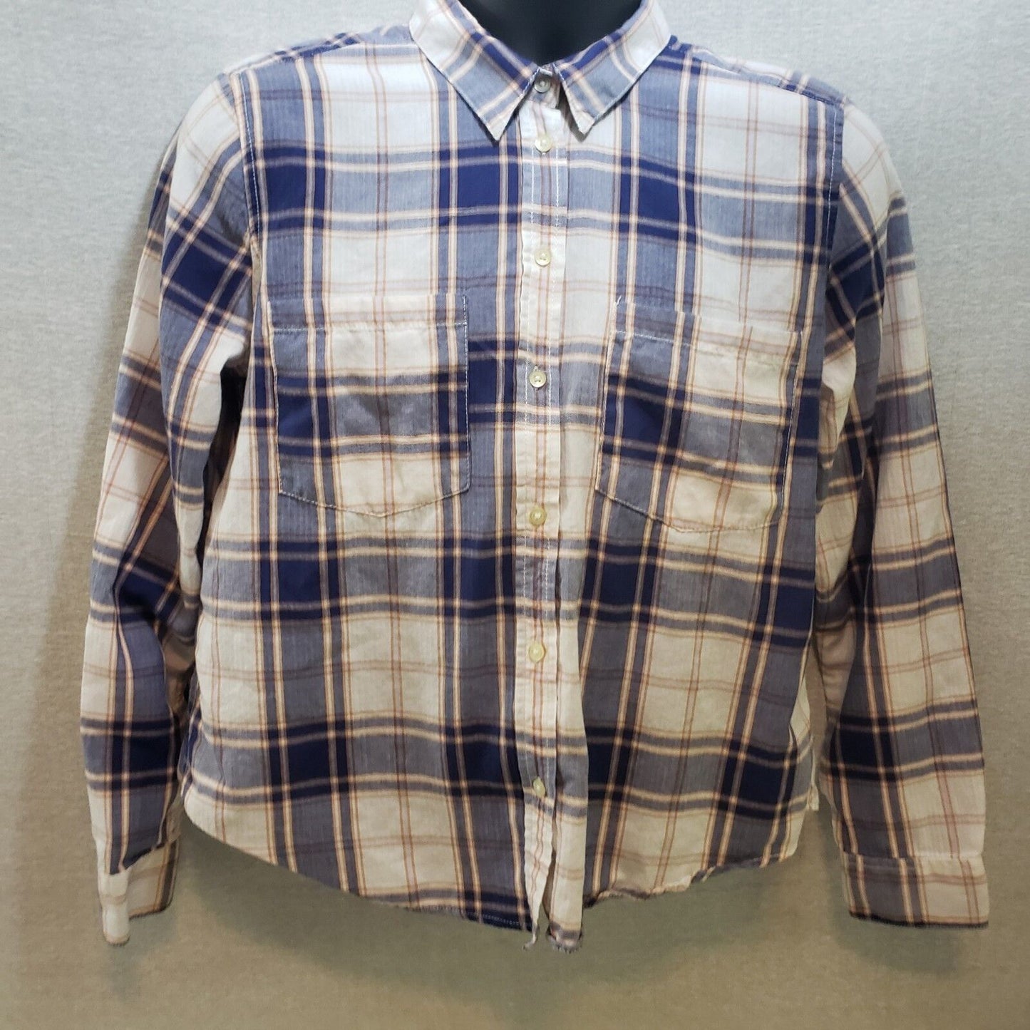 Joe Fresh Women Plaid Shirt Top Blue/Tan Button Down Long Sleeve Large Pockets