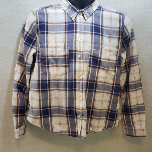 Joe Fresh Women Plaid Shirt Top Blue/Tan Button Down Long Sleeve Large Pockets
