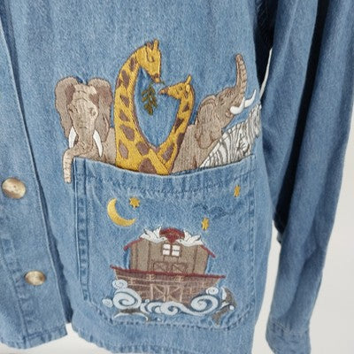 Christopher & Banks Denim Jacket L Noah's Ark Animal Embroidery Long Sleeve