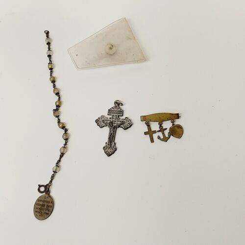 3 Pc Religious Jewelry Jesus Cross Pendant Pin Bracelet Vintage 1950s Era