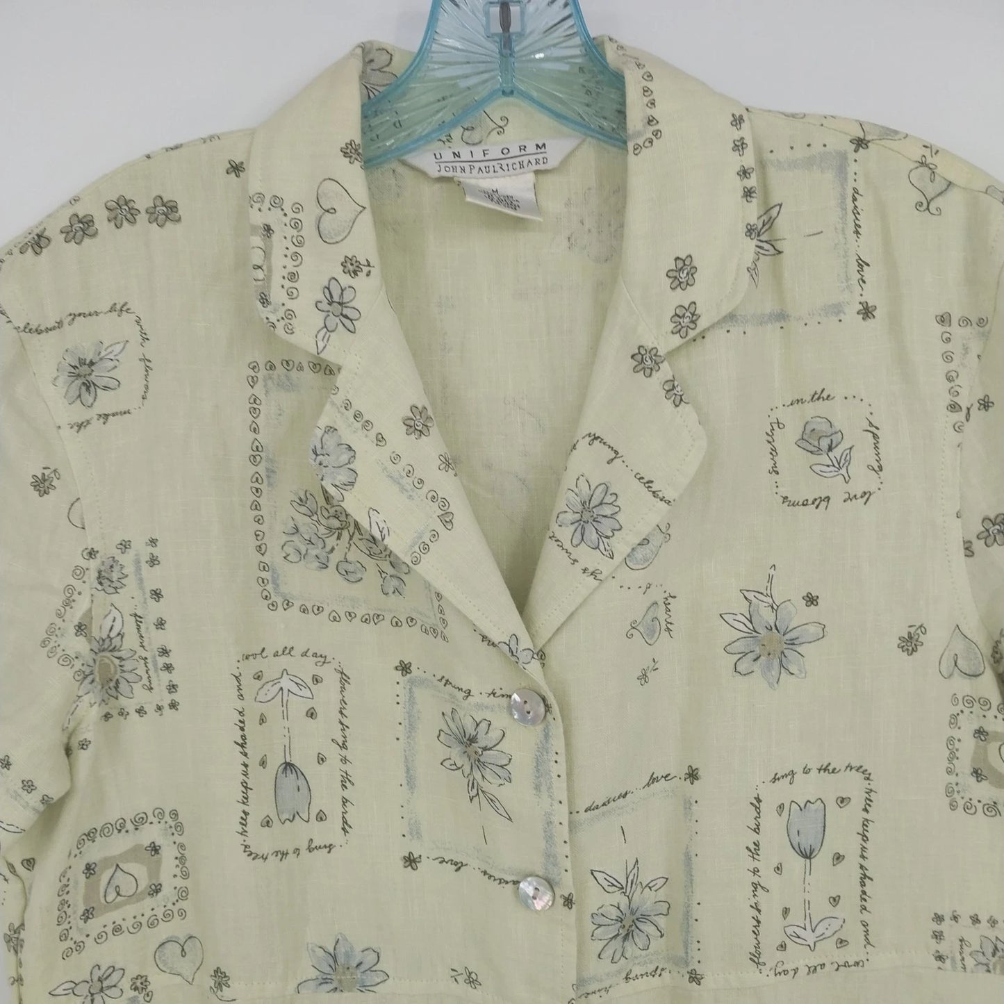 John Paul Richard Linen Shirt Dress Green Floral Button Front Medium