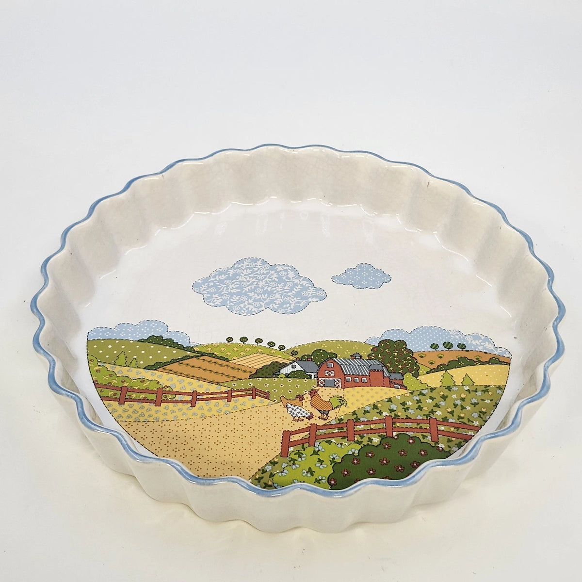 Potpourri Press Quiche Tart Dish Farm Scene Chickens Barn Blue Rim 9.25" Japan