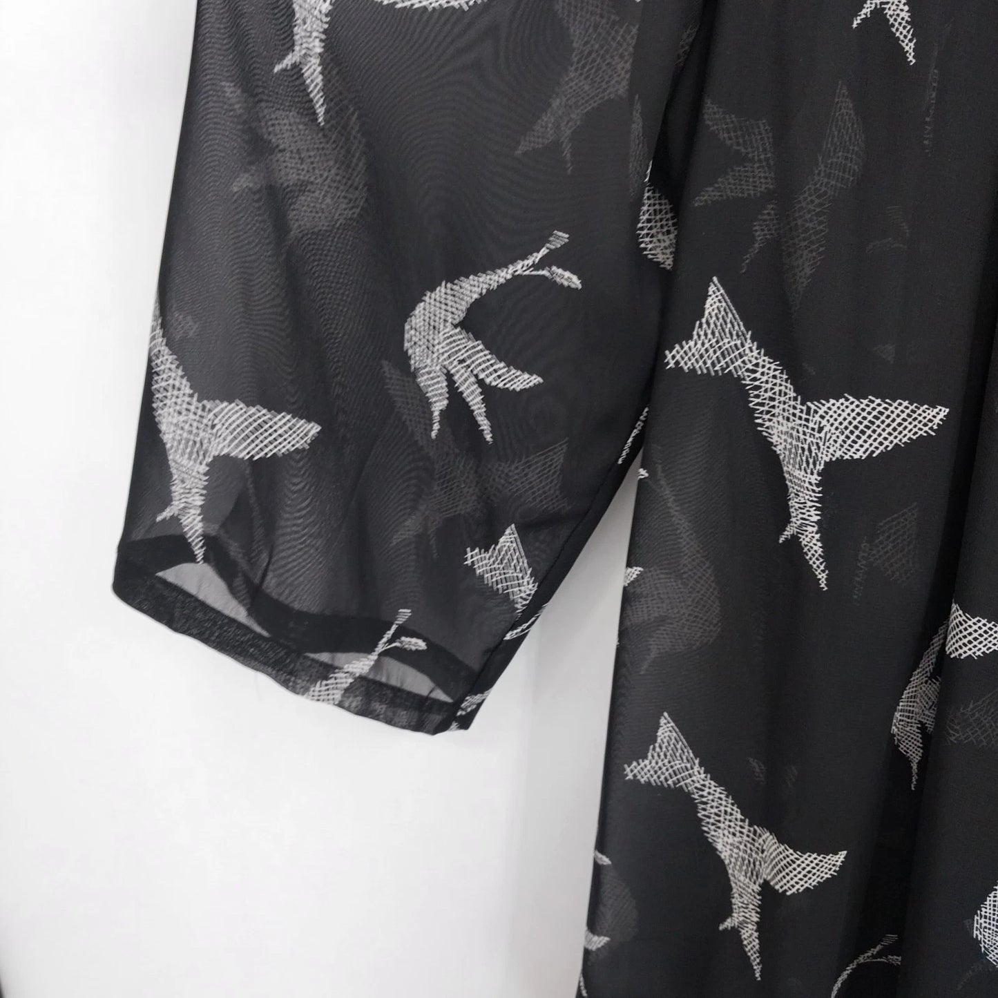 Black Rainn Sheer Kimono Cardigan Women's XL Bird Print Open Front Black White