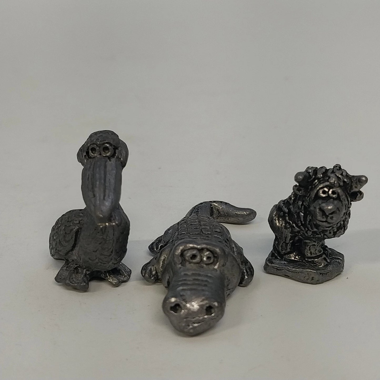 3Pcs Pewter Pelican Alligator Whimsical Creature Miniature Animal Figurines