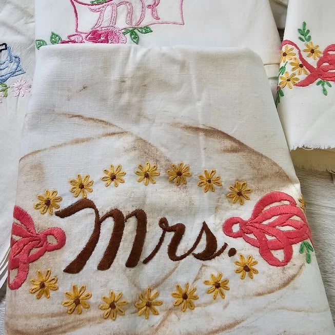 8 Pillow Case Linen Salvage AS IS for crafts Vintage Embroidery Mr Mrs Cat Girl