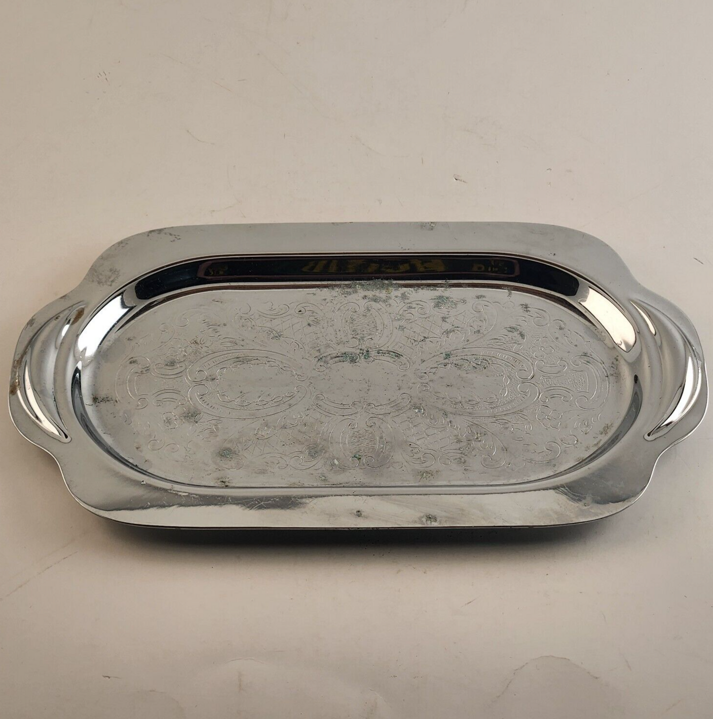 Silver Platted And Engraved Serving Tray With Handles Vintage 10" L x 6" W