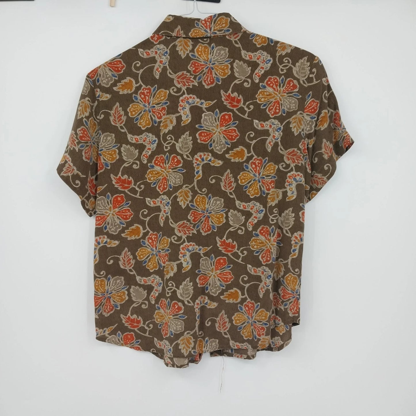 Rena Rowan Floral Silk Blouse Women's Size 10 Brown Short Sleeve Button Front