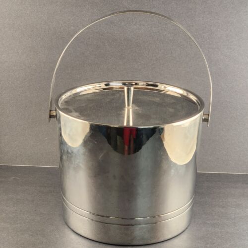 Ice Bucket With Lid and Handle Stainless Steel Unmarked Vintage Two Piece