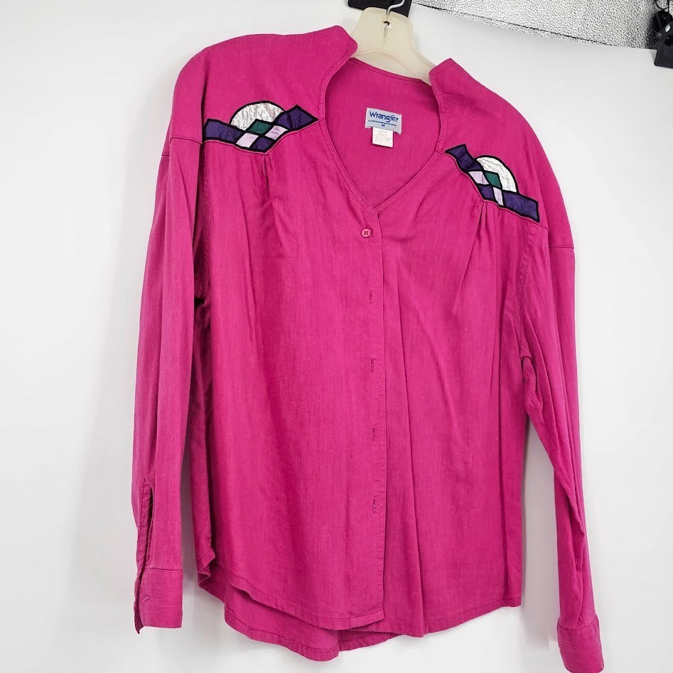 Wrangler Women’s Medium Pink Western Blouse Button Front Applique 90s Cowgirl Rodeo Shirt