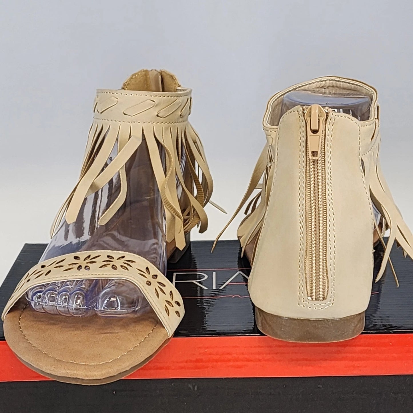 Adrianna Cathy-8 Beige Gladiator Sandals Women's 8 Fringe Ankle Height Zip NIB