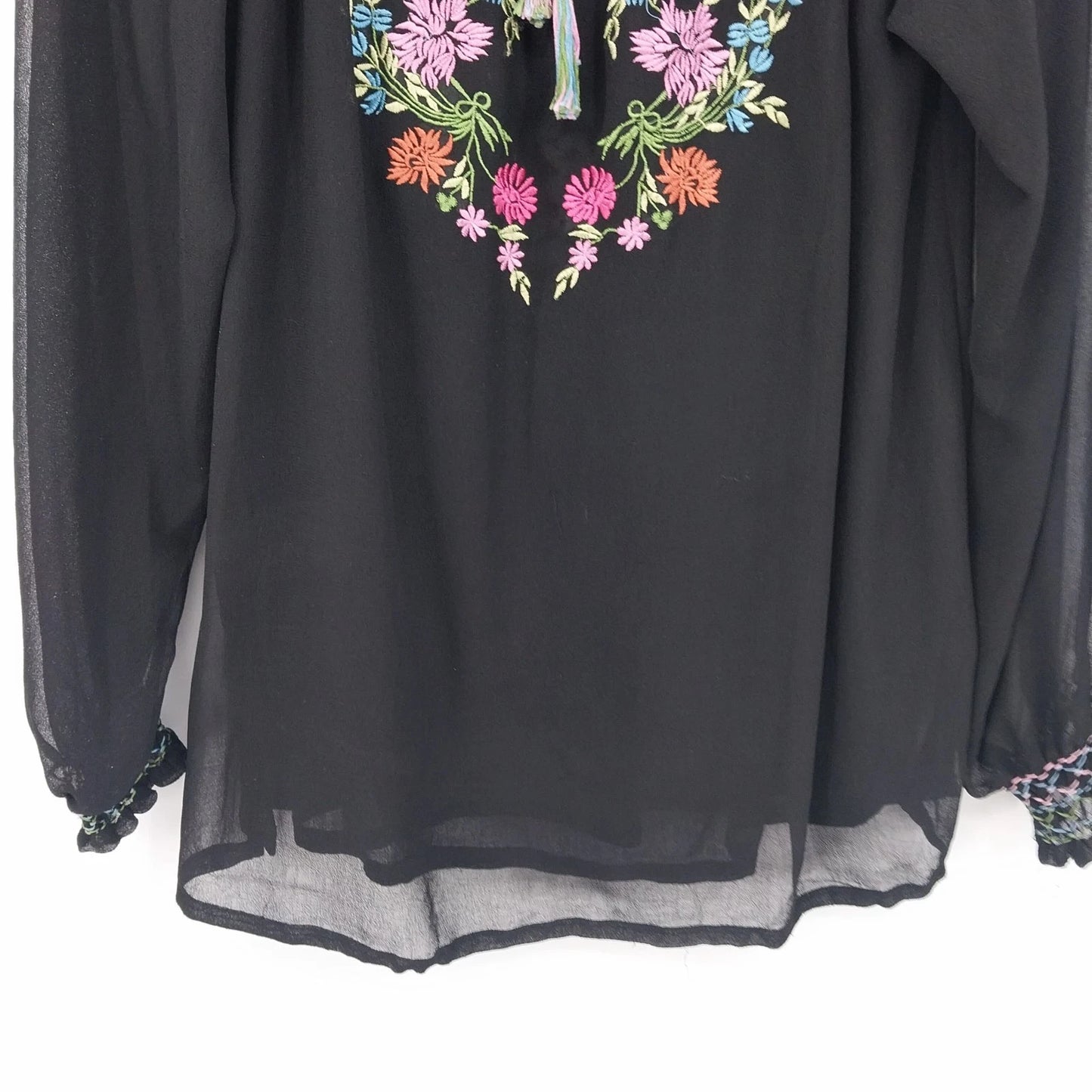 Notations Women's Embroidered Floral Peasant Blouse Tassel Long Sleeve Large