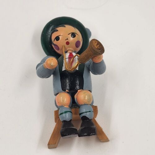 Erzgebirge Horn Player Wood On Bench Vintage Wendt Kuhn German Figure