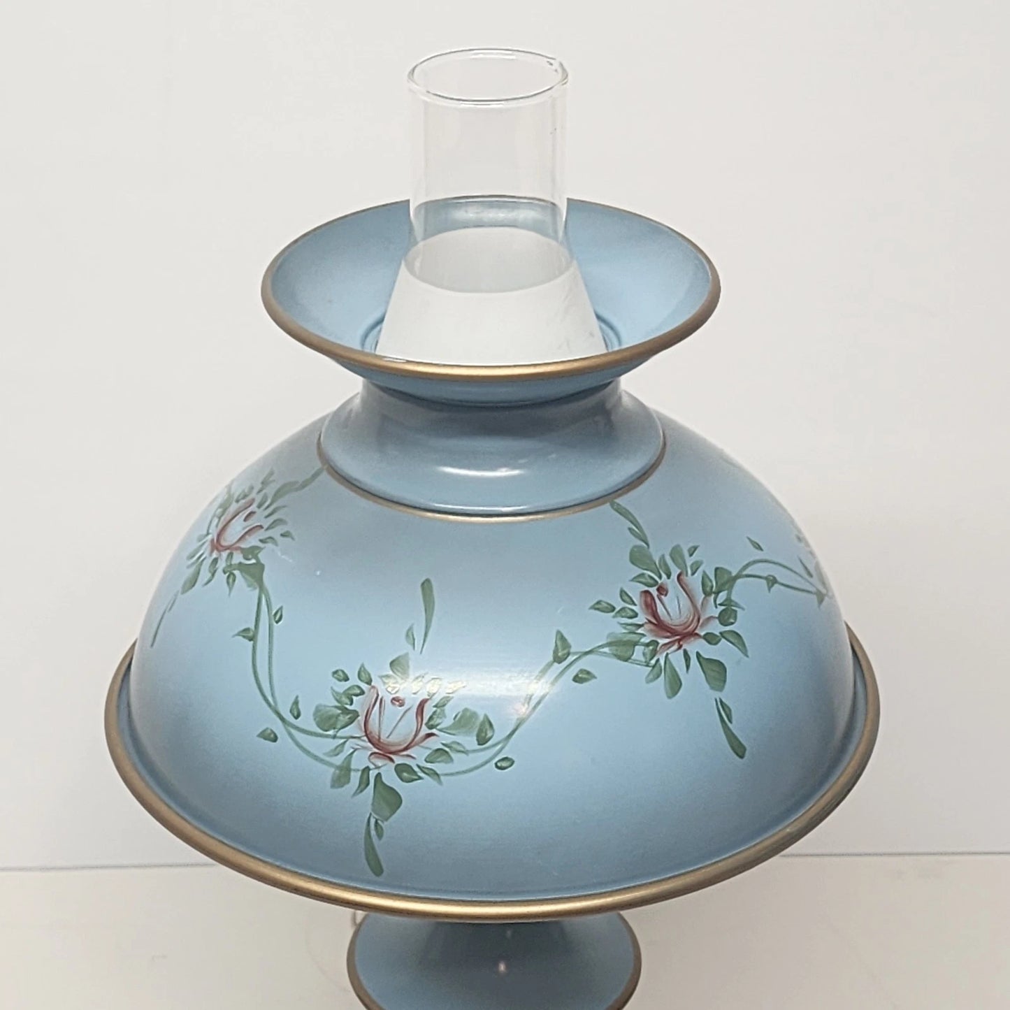 Metal Toleware Hurricane Lamp Glass Chimney MCM Desk Table Blue 18" Vintage