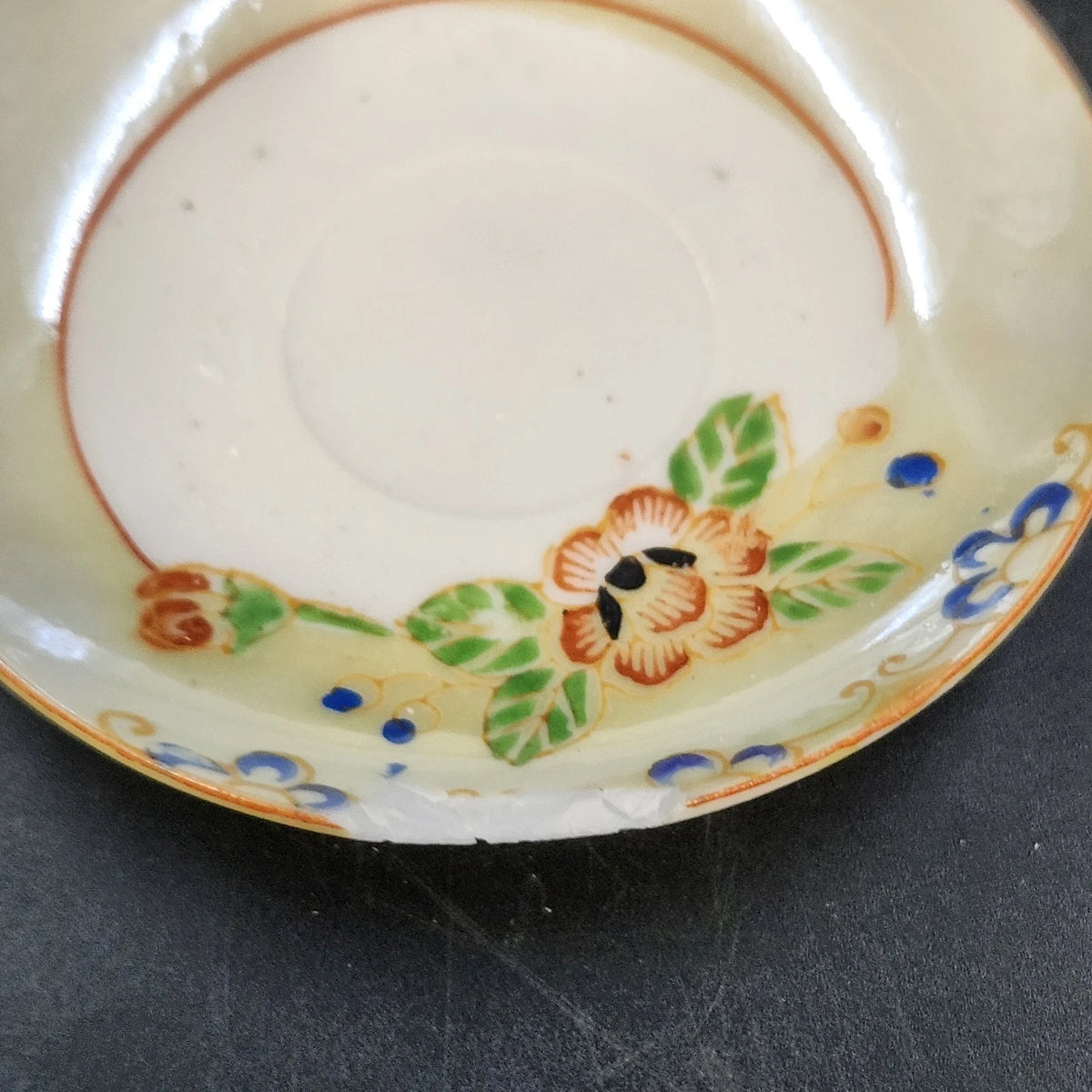 Japan Porcelain Demitasse Saucers Hand Painted Floral Orange Trim 3.25" 3pc Vtg