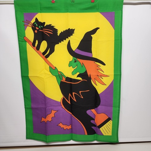 Halloween Yard Flag 30x41" Flying Witch on Broom Black Cat Outdoor Garden Banner