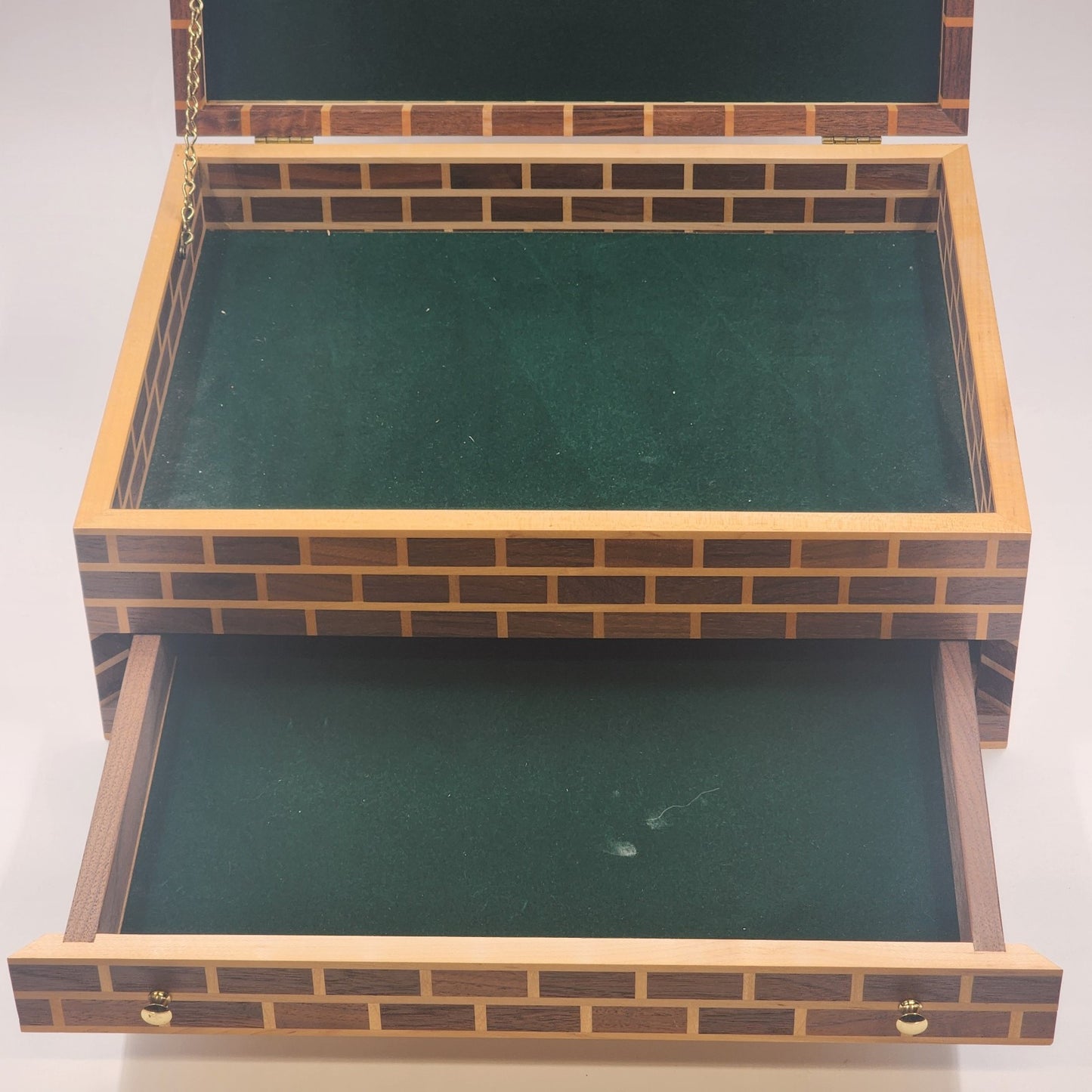 Thuya Moroccan Wood Large Jewelry Box – Handmade 17” Brick Design with Starburst Inlay Lid – Green Felt Lined – Artisan Keepsake Storage Chest