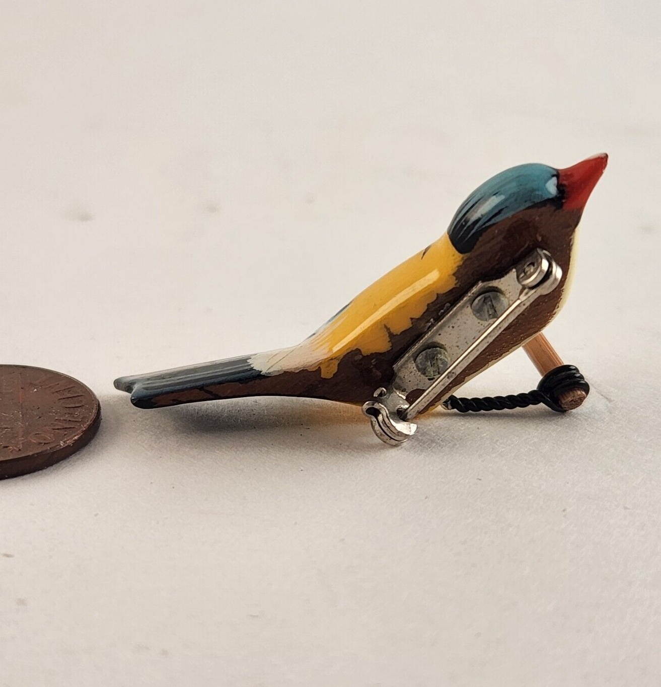 Japanese Takahashi Hand Carved Bird Brooch Pin Hand Painted Vintage