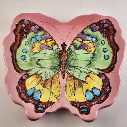 Butterfly Shaped 11" Dinner Plate Pink Very Colorful Brown Green Yellow China