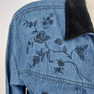 New Look Denim Shirt L Floral Embroidered Velvet Collar Long Sleeve Turkey Vtg