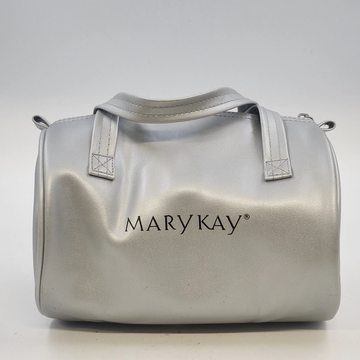 Mary Kay Silver Metallic Cylindrical Cosmetic Makeup Bag 8.5" Travel Case Zipper