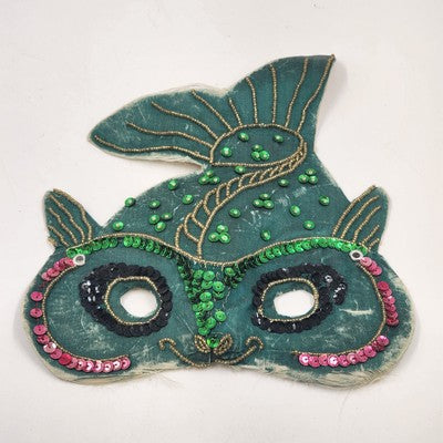 Hand Sewn Vintage Mardi Gras Green Fish Mask Sequins Beads