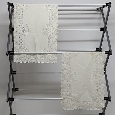 Set of 2 White Rectangle Lace Table Runners w Floral Doilies Scalloped Edge 33.5"