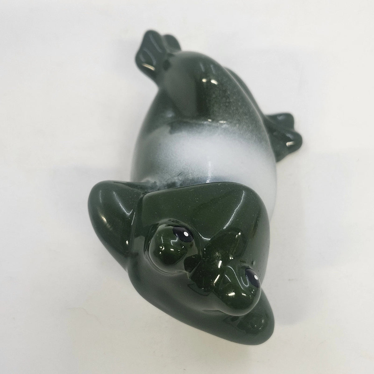Green Frog Figurine Reclining Lounging Pose White Belly 4" Glossy Ceramic Decor