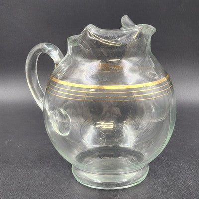 Round Bubble Shape Clear Glass Pitcher with 3 Gold Stripes & Ice Lip 8.5” 1950's