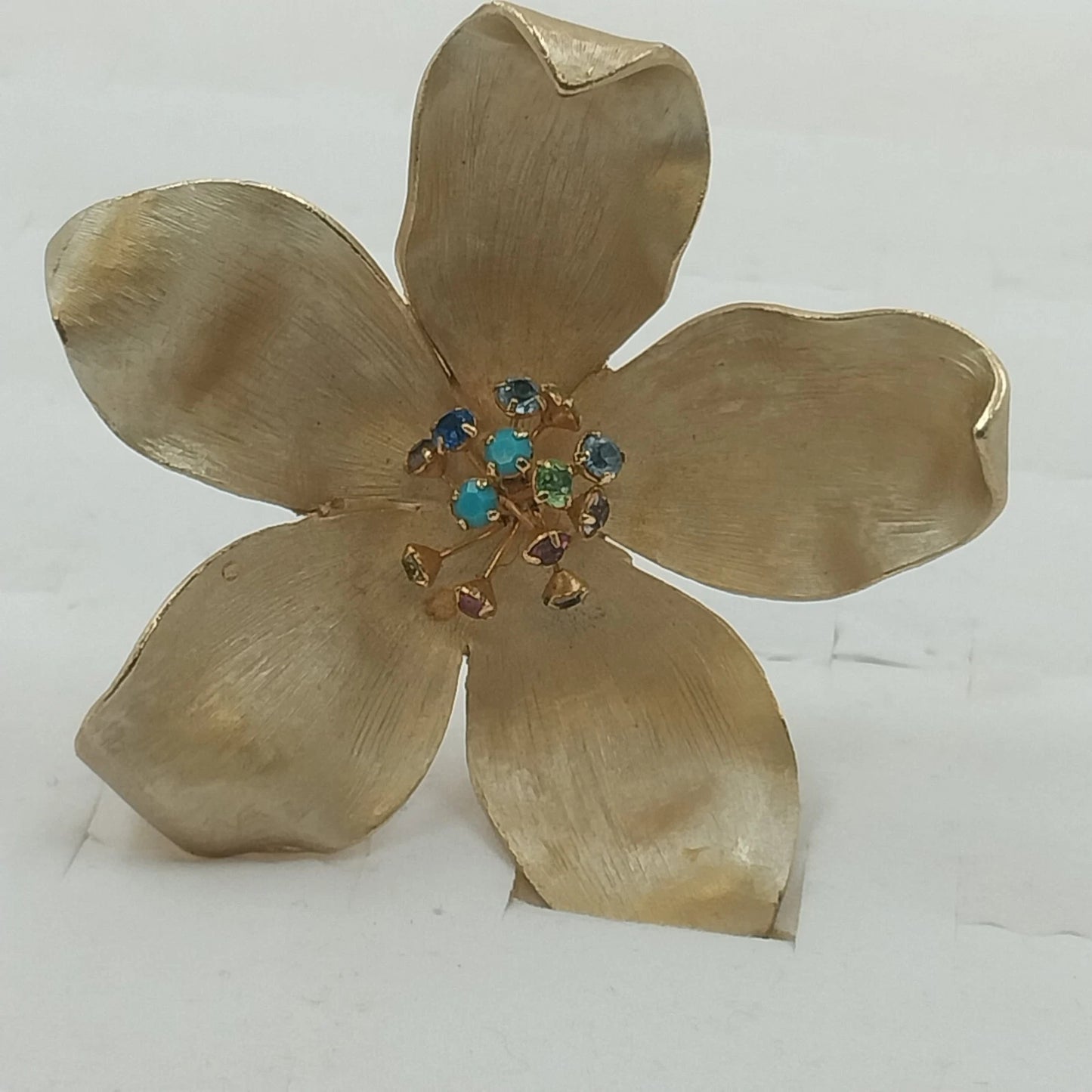 Kramer Gold Tone Flower Brooch Brushed Satin Multicolor Rhinestones Floral Pin