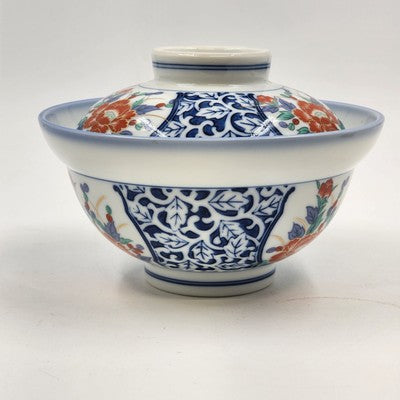 Japanese Pottery Porcelain Floral Design Udon Donburi Rice Bowl w Lid 3.25"x6"