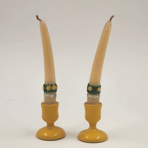 2 pc Erzgebirge Wood Miniature Candle Holders Tapers Yellow West Germany 5"