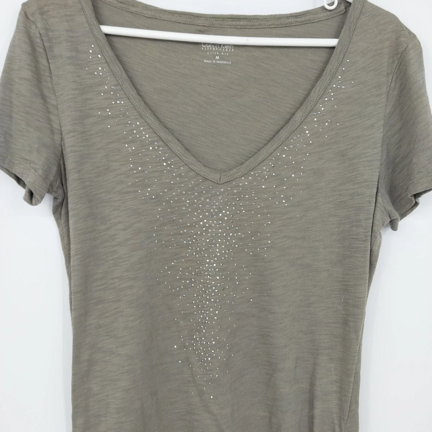 Calvin Klein Performance Quick Dry Rhinestone V-Neck T-Shirt Women's Medium