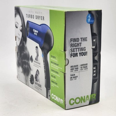 Conair Blue & Black Turbo Hair Dryer with Diffuser & Concentrator 1875 Watt NIB