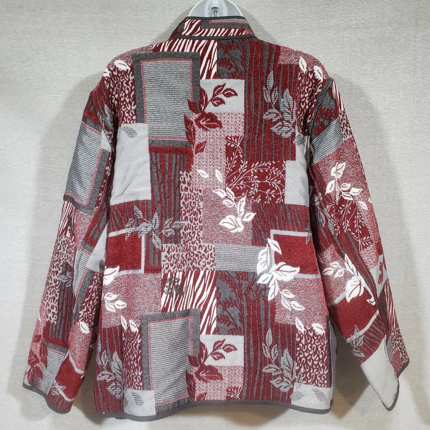 Bon Worth Womens Large Tapestry Weave Red Gray Block Print Blazer Jacket Unlined