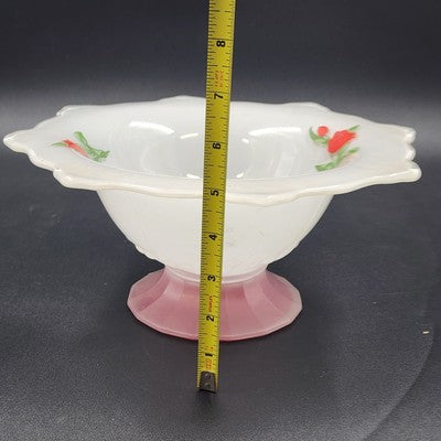 Indiana Glass White Console Flared Footed Bowl w Red Flashed Tulips Ruffled Edge