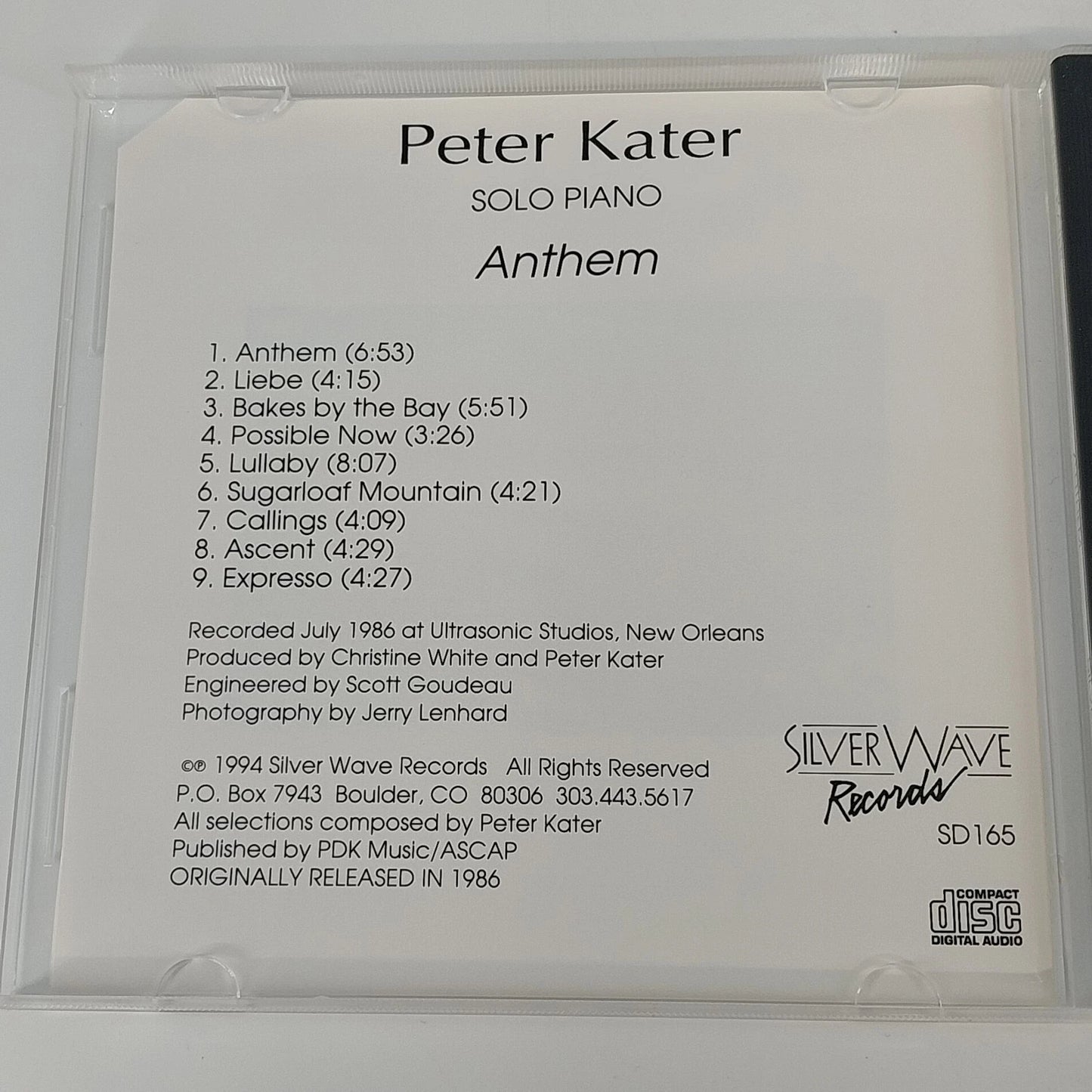 Peter Kater Anthem CD 1994 Solo Piano Silver Wave Records New Age Instrumental