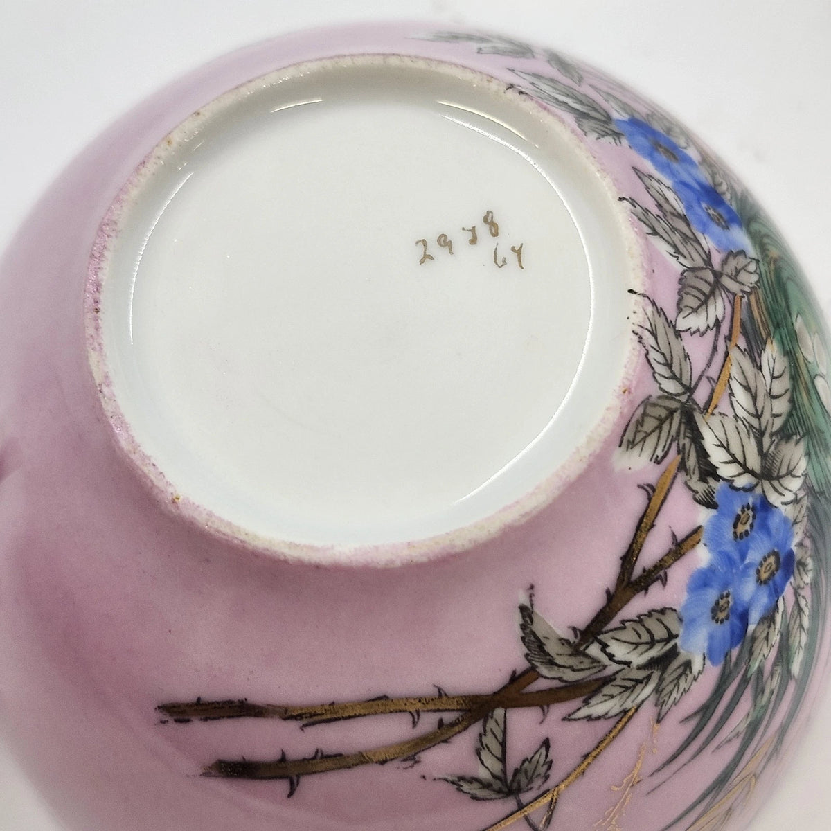 Pink Porcelain Teacup & Saucer Birds Nest Blue Flowers Gold Trim Vintage 5.5"