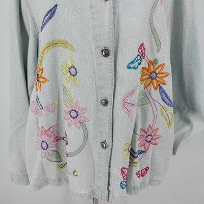 White Stag Light Denim Jacket XL Floral Embroidery 100% Cotton