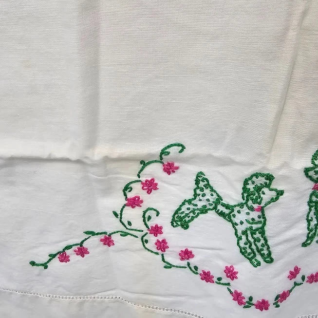 Poodle Embroidered Pillowcases Pair Pink Green Mid Century Kitschy 32" Vtg 1950s