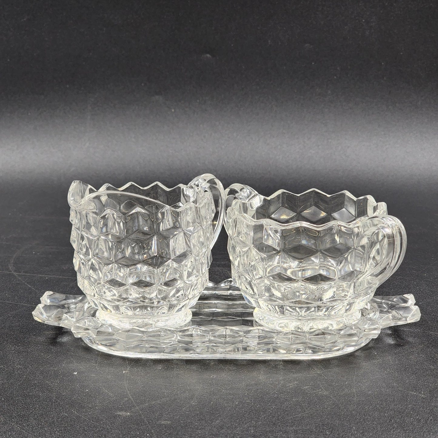 Fostoria Cubist Pattern American 3 Pc Set Clear Creamer Sugar Underplate Vintage