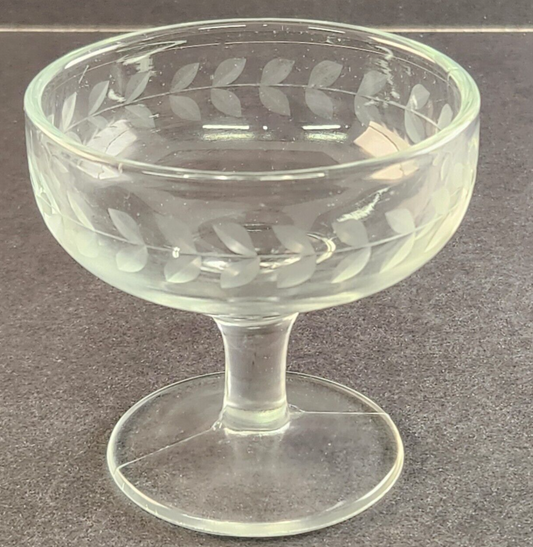 Etched Floral Leaf Sherbet Dessert Bowl Clear Champagne Glass Stemware Vintage