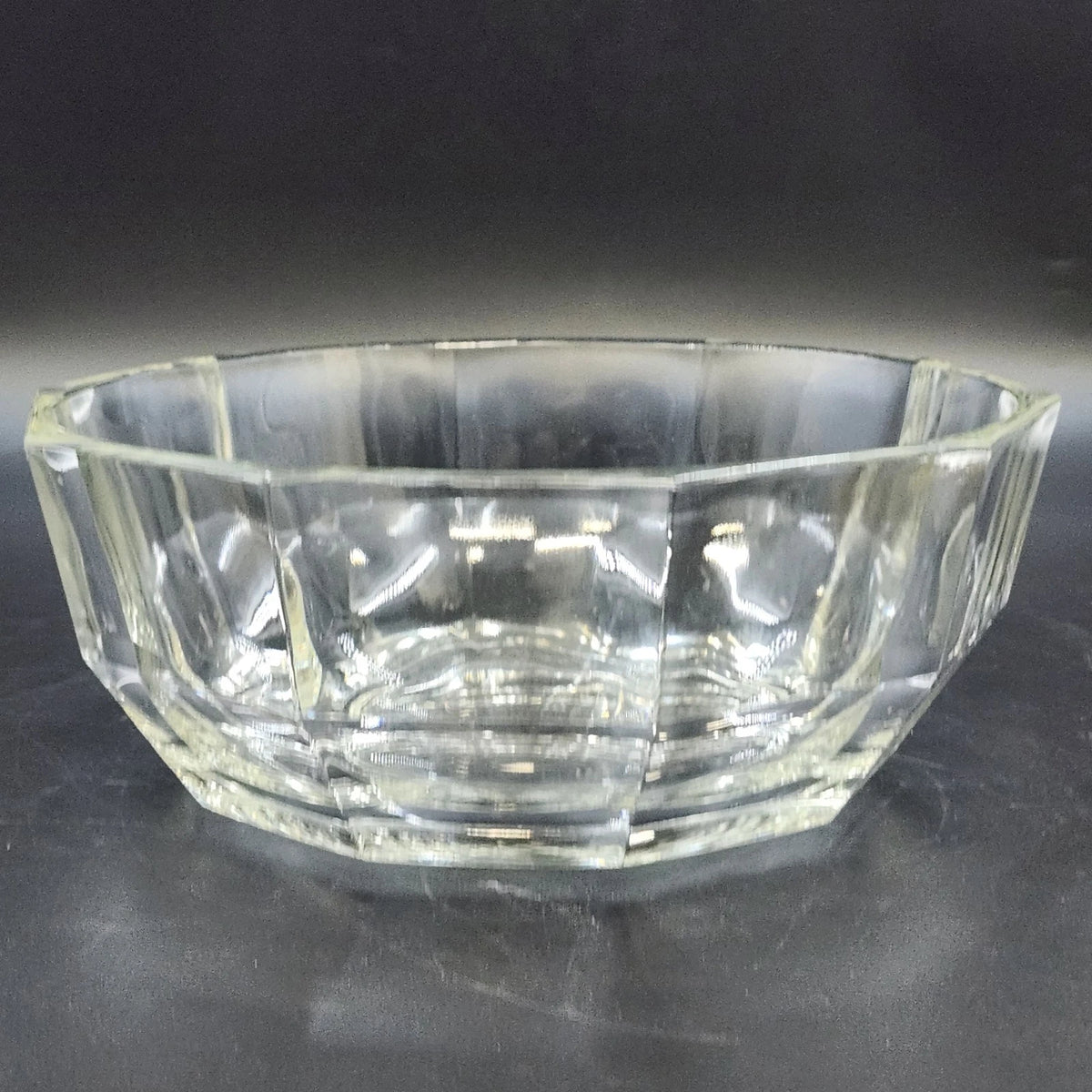 Clear Glass 10 Sided Serving Bowl 8.5" Heavy Paneled Thick Faceted Sides Vtg
