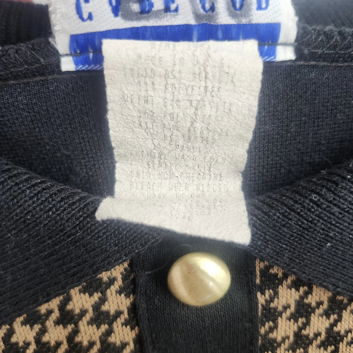 Cape Cod Sportswear Houndstooth Polo Sweater Navy Brown Gold Buttons Collared