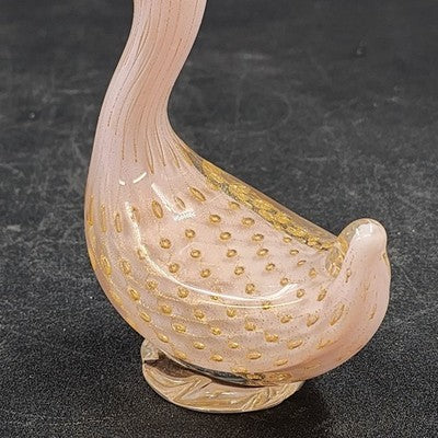 Murano Pink Art Glass Duck with Gold Bullicante Alfredo Barbini Italian 4.5"