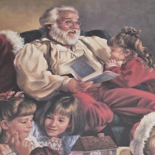 Santa Reading to Children Home Interiors Print 14x16” Gold Frame Green Matting