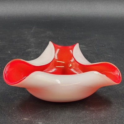 Wales Red & White Cased Glass Japanese 6" Biomorphic Bowl Vintage Mid-Century