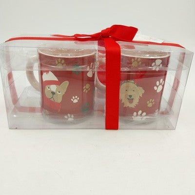 2 Christmas Coffee Mugs North Pole Trading Co Red Dog & Footprint w Box